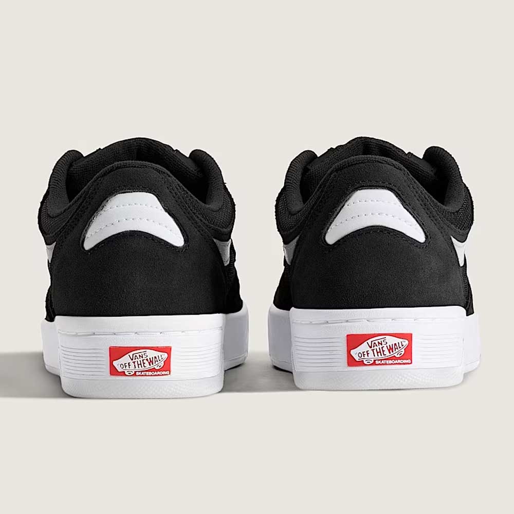 Two Vans Skate Rowan Z3 VN000V74BWT1 Black White Red suede skateboard shoes, displayed from the back against a plain light background, featuring white soles and the red Vans Off The Wall logo on the heel, and equipped with Rowan Z3 impact protection for enhanced comfort.