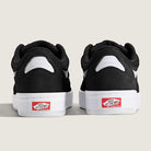 Two Vans Skate Rowan Z3 VN000V74BWT1 Black White Red suede skateboard shoes, displayed from the back against a plain light background, featuring white soles and the red Vans Off The Wall logo on the heel, and equipped with Rowan Z3 impact protection for enhanced comfort.