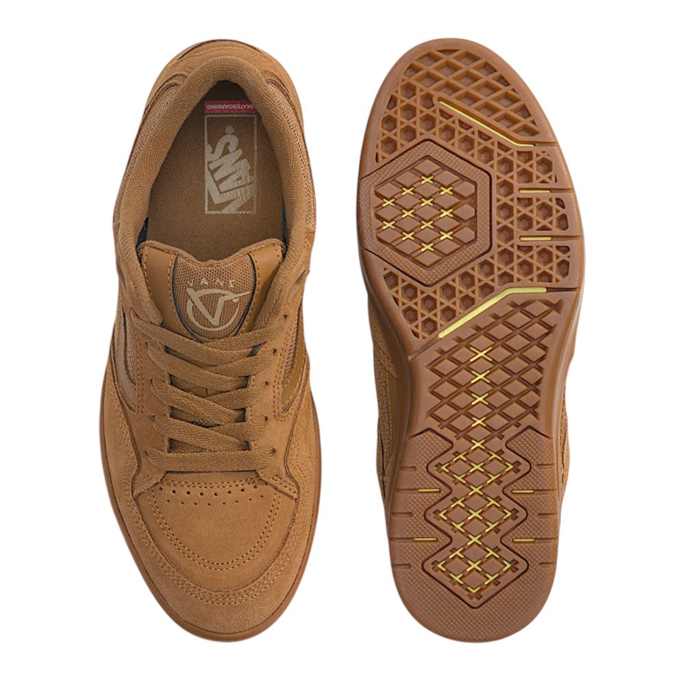 A pair of Vans Skate Rowan Z3 VN000V74GWT Chipmunk Suede Skateboard Shoes is shown from the top and bottom. The top view highlights the laces and Vans logo, while the sole features a detailed tread pattern with diamond and hexagonal shapes designed for impact protection.