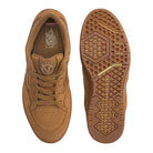 A pair of Vans Skate Rowan Z3 VN000V74GWT Chipmunk Suede Skateboard Shoes is shown from the top and bottom. The top view highlights the laces and Vans logo, while the sole features a detailed tread pattern with diamond and hexagonal shapes designed for impact protection.
