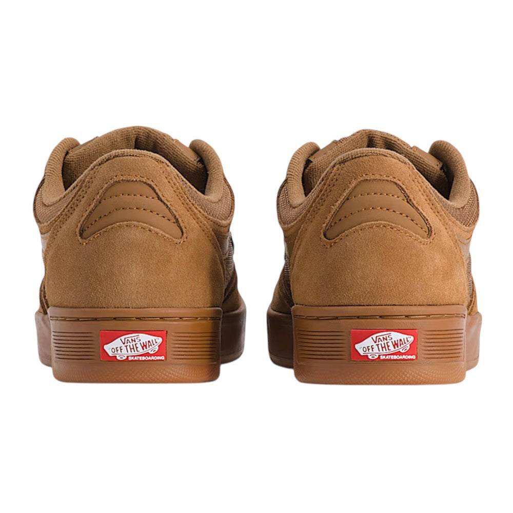 Pair of Vans Skate Rowan Z3 VN000V74GWT Chipmunk Suede skateboard shoes viewed from the back, displaying the signature red and white “Off The Wall” logo on the heels against a plain white background. Designed for impact protection, these sneakers combine classic style with advanced performance features.