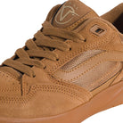 Close-up of the Vans Skate Rowan Z3 VN000V74GWT Chipmunk Suede Skateboard Shoe, featuring tan suede and mesh materials, matching laces, brown stitching, and a curved logo on the tongue—highlighting the side and upper constructed for enhanced impact protection.