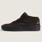 The Vans Wafflecup Half Cab Rizzo Brown Black VN000D9ZY491 Suede Skate Shoes feature a dark brown suede and mesh mid-top design, black laces and sole, HALF CAB ankle patch, orange stitching, and a durable WaffleCup outsole.