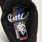 Close-up of the insole on Vans Wafflecup Half Cab Rizzo Brown Black VN000D9ZY491 suede skate shoes, showing the Vans logo, POP CUSH text, colorful swirls, and a white signature-style graphic at the top.
