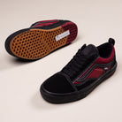 The Vans Skate Old Skool Wafflecup Black Red VN000EB7Y091 Suede Skate Shoes feature black and dark red suede with white stitching. One shoe shows the side and top view; the other is flipped to reveal the textured gum sole and PopCush footbed.