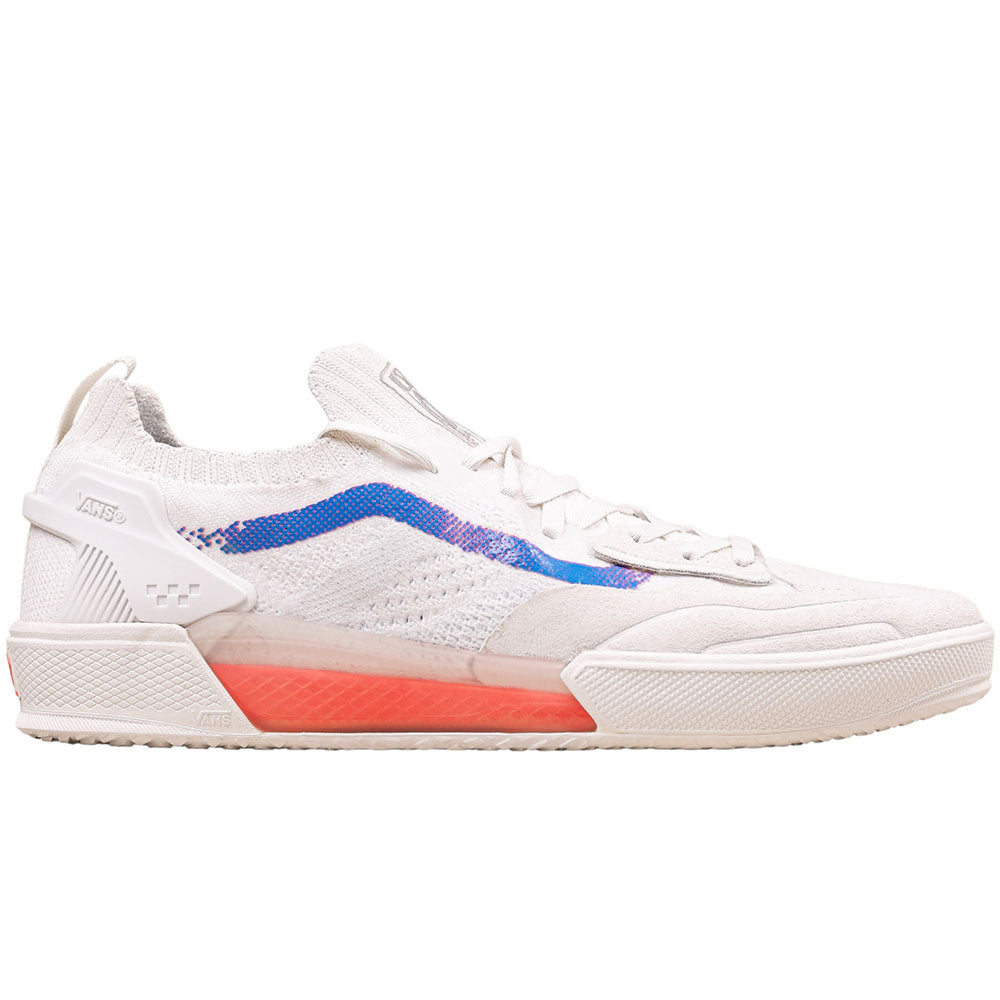 The Skate Ave 2.0 White Blue Knit VN000CBUZ5D1 Vans Suede Skateboarding Shoes feature a white knit upper, blue and purple wave accents, translucent orange midsole, low-cut design, textured sole, and UltimateWaffle grip for skate performance.