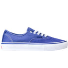 The Vans Skate Authentic Deep Twilight VN000EEREMT1 features a blue suede low top with white laces, a white rubber sole, and visible white stitching, shown in side profile—ideal for skateboarding with durable construction.