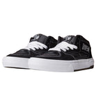 The Vans Wafflecup Half Cab Black White VN000D9ZBA2 Suede Skate Shoes feature white laces, white stitching, and Wafflecup rubber soles, shown angled against a plain white background.