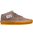 The Vans Skate Half Cab Walnut Gum VN0A5FCD77J1 Suede Skateboard Shoe features a brown upper, gum sole, side patch logo, PopCush impact protection, and brown laces, displayed in side profile on a white background.