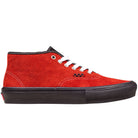 The Vans Authentic Mid VN000EEQGWR1 Poppy Ember Red Suede Skateboard Shoe features a bright red suede upper, white laces, black tongue, and thick vulcanized rubber outsole in a side profile view.