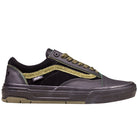 The Vans Skate Old Skool Wafflecup Willow Green Black VN000EB72031 features a black suede upper, green and gold accents, gold side stripe, olive laces, visible Vans logo tag, durable DuraCap overlays, and a green-trimmed sole for style and support.
