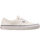 The Vans Skate Authentic White Gunmetal (VNOA5FC8XQL) features white suede, white laces, a black-and-white checkerboard detail by the eyelets, a signature white sole, and red heel tag. Shown side profile on a plain background.