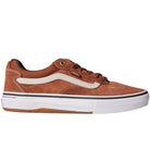 A side view of the Vans Skate Kyle Walker Wafflecup Tortoise Shell VN000DA41RE1 suede skate shoe with white and tan accents, PopCush footbeds, a white rubber sole, brown laces, and the classic Vans stripe on the side.