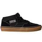 The Vans Half Cab Black Gum White VN0A5FCDB9K Suede Skate Shoes feature black suede, white stitching, a gum rubber sole, and a “Half Cab” side label. Shown in profile view facing right.