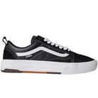The Vans Wafflecup Old Skool Black White VN000EB7BA2 Suede Skate Shoes feature a black and white design, white laces, white sole, side Vans logo, classic side stripe, low-top silhouette, and PopCush footbeds for comfort.