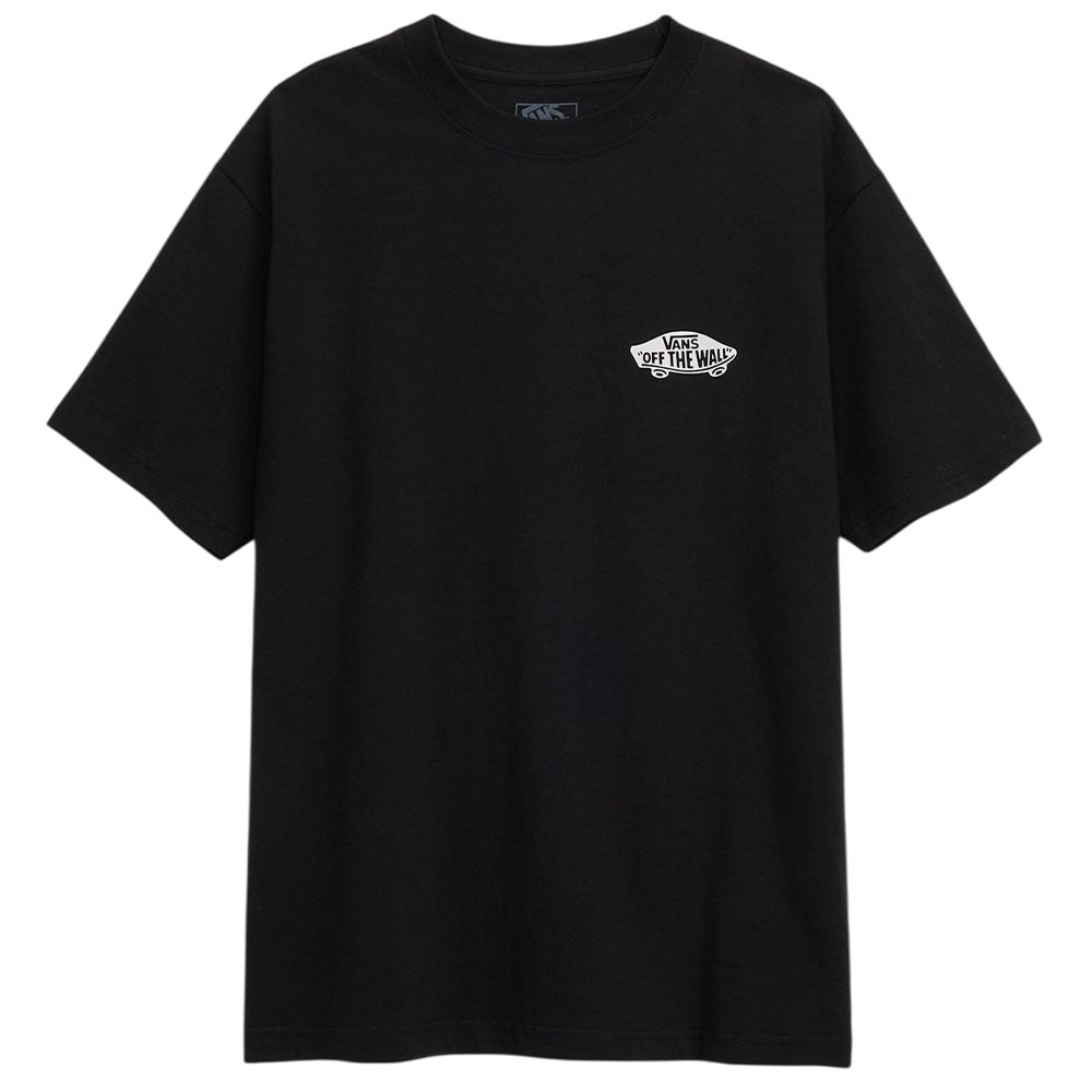 The Vans Tee Skate Double Standard Black White VN000SYDY28 is a black and white skate T-shirt with a small white Vans Off The Wall logo on the left chest.