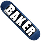 The Various Stains Brand Logo Deck 8.25x32.25 by Baker Skateboards features bold white BAKER lettering outlined in black across a blue deck, with the Baker logo near the left edge.