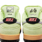 Close-up of the Nike SB Dunk Low Pro “Verdugo Mountain” HQ1626300 in Light Liquid Lime/Wolf Grey/Black suede, featuring pink "NIKE" on black tabs, a map and "Verdugo" on the left heel, and a bicycle and "Mountains" on the right.