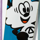 The Verdy Ishod 8.25 Real Skateboard Deck Skateshop Day features a vibrant cartoon character with wide eyes, big smile, and red tongue on a blue and white background—ideal for fans celebrating skate culture.