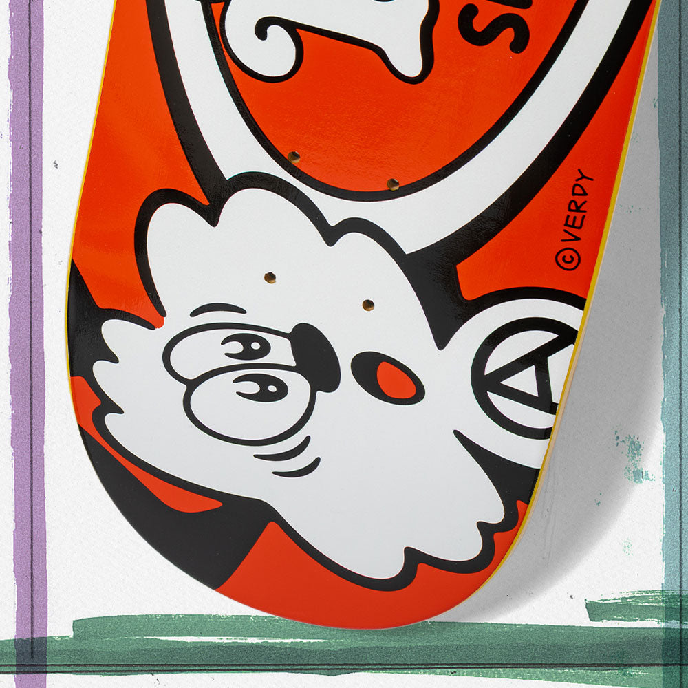 The Verdy Oval 8.06 Real Skateboard Deck Skateshop Day features bold orange, red, and white colors with a cartoon cloud character by VERDY and abstract green and purple brushstrokes for this exclusive release.