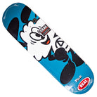 The Verdy Vick 8.5 Real Skateboard Deck Skateshop Day features a blue deck with a cartoon character, large white eyes, black gloves, the “REAL” logo on a red oval at the tail, and signs of use. A black sticker is near the top.