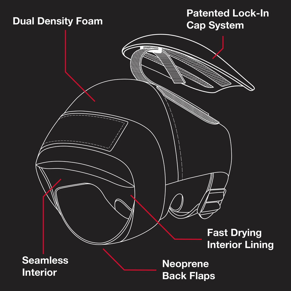A diagram of Vert Knee Pads Protec Black highlights dual density foam, a patented lock-in cap system, seamless interior, neoprene-backed flaps, and fast-drying lining in red-on-black—built for vert skating with an enhanced Flexible Hinge design.