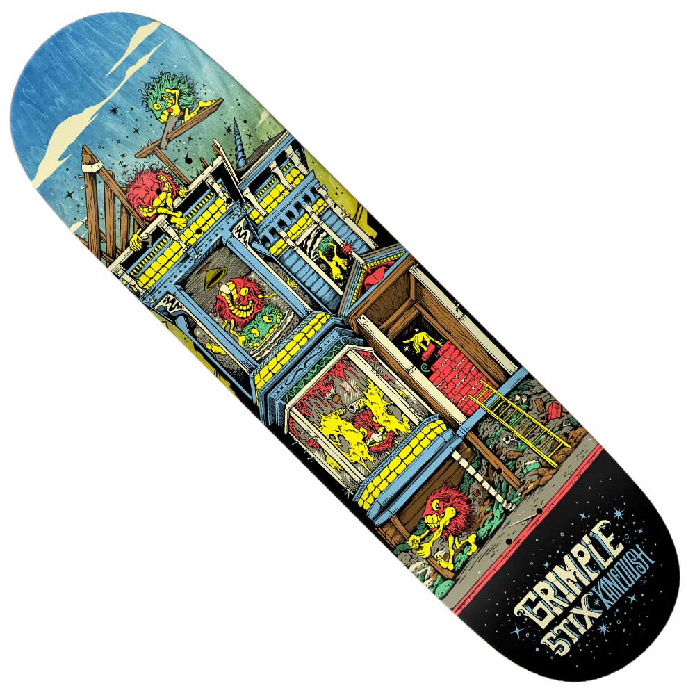 The Victorians 8.75x31.75 Kanfoush Anti Hero Deck Skateboard features colorful, cartoon-style monsters creating chaos in a multi-story house, with some breaking walls and others on the roof. "GRIMPLE STIX" appears near the tail on multicolor gradient veneers.