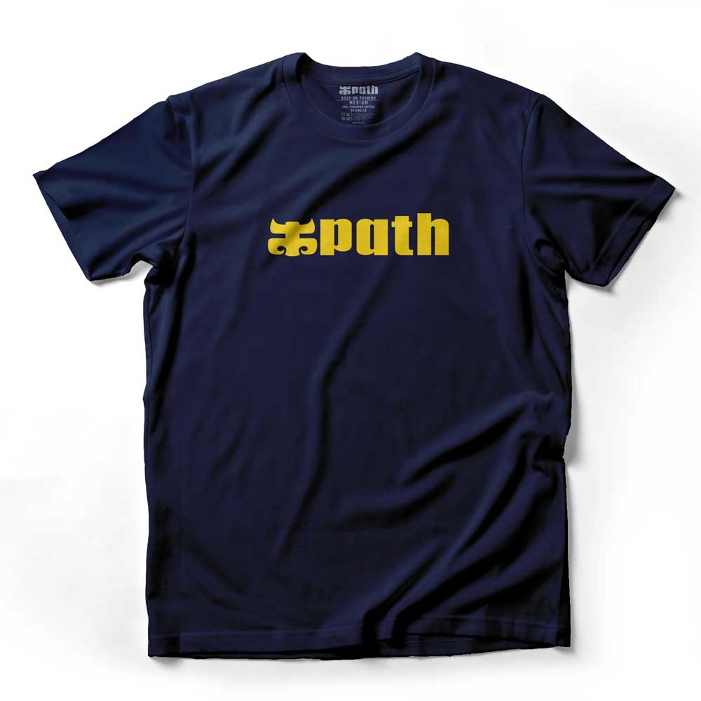Vintage Navy Tee I Path Skateboarding in premium cotton features “xpath” boldly displayed in yellow Old English-style lettering, centered on the chest. Proudly made in the USA, this IPATH vintage logo t-shirt blends classic style with exceptional comfort.