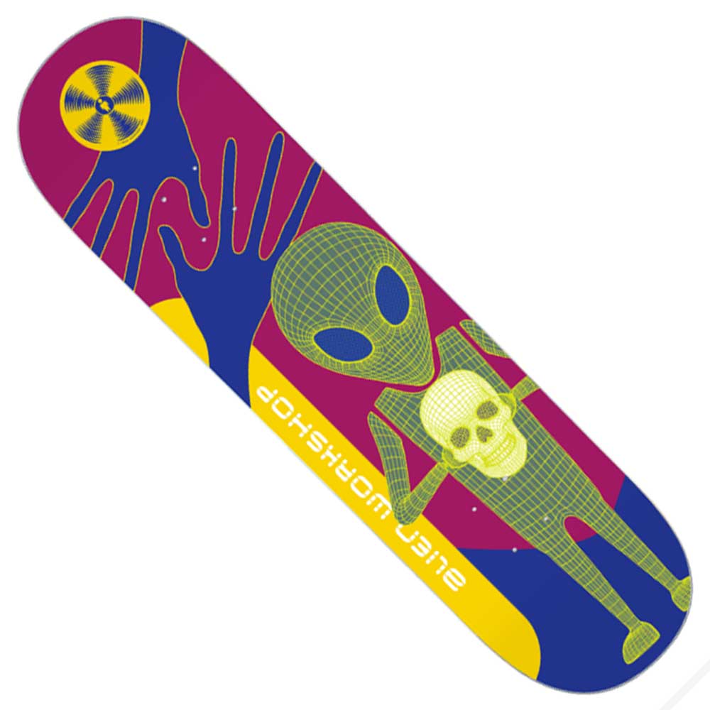 The Virtual Soldier 7.87 Alien Workshop Skateboard Deck showcases a green wireframe alien holding a skull, blue stylized hands, and a bold yellow and black symbol in vivid colors. The Alien Workshop logo appears upside down in yellow on this eye-catching 7.87-inch skateboard deck.