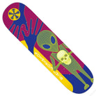 The Virtual Soldier 7.87 Alien Workshop Skateboard Deck showcases a green wireframe alien holding a skull, blue stylized hands, and a bold yellow and black symbol in vivid colors. The Alien Workshop logo appears upside down in yellow on this eye-catching 7.87-inch skateboard deck.