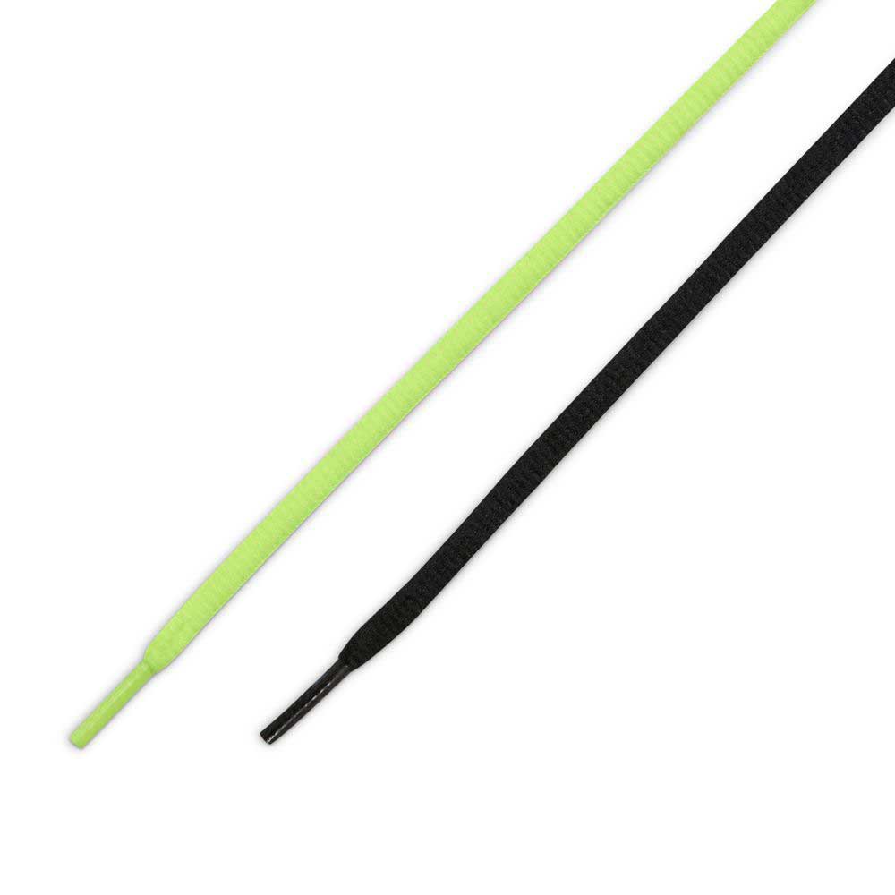 Two flat shoelaces—one neon yellow, one black—on a white background, perfect for customizing your Volt Black IB6212701 Air MAX Ishod Nike SB Skateboarding Shoes or any pair featuring Max Air cushioning.