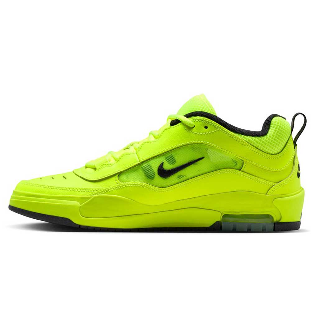 A side view of the Nike SB Air MAX Ishod Volt Black IB6212701 skate shoe, featuring a neon yellow upper, black sole, inner lining, and Swoosh logo. The modern design offers Max Air cushioning for superior comfort on and off the board.