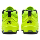 The Volt Black IB6212701 Air MAX Ishod Nike SB Skateboarding Shoes are shown from the back in neon yellow with black Nike SB logos, black heel tab accents, and lining, inspired by the Air Max Ishod design.