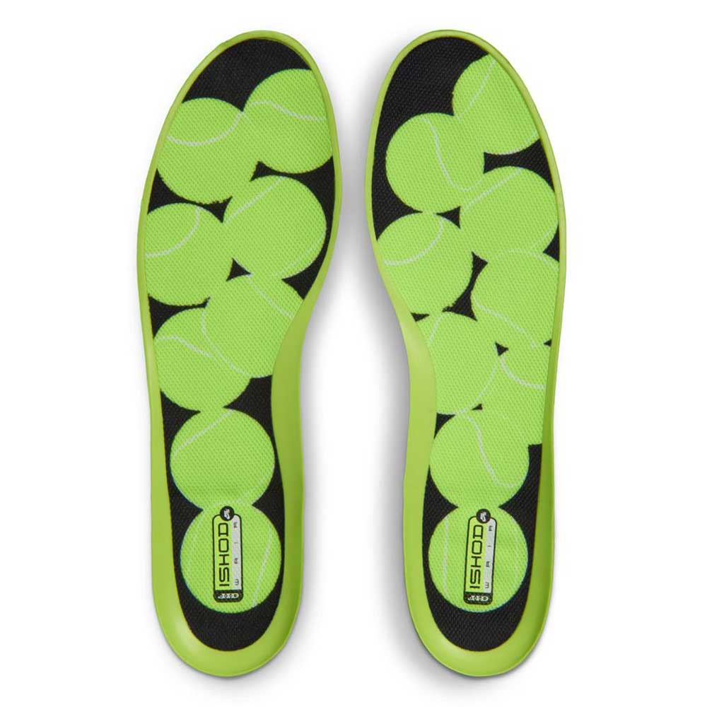 A pair of lime green insoles for the Volt Black IB6212701 Air MAX Ishod Nike SB Skateboarding Shoes, featuring a tennis ball pattern and a small rectangular ISHOD label near the heel.