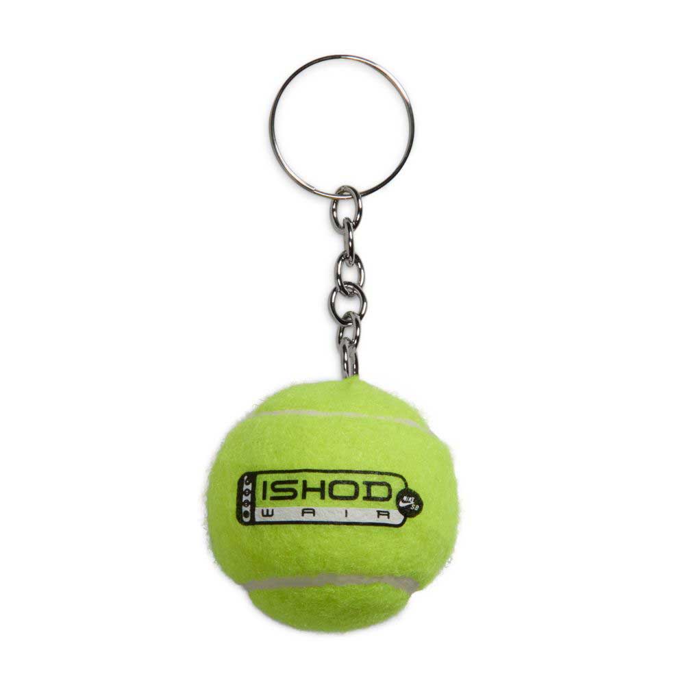A keychain featuring a small green tennis ball with white stripes and "ISHOD WAIR" text, inspired by Volt Black IB6212701 Air MAX Ishod Nike SB skateboarding shoes, attached to a silver key ring and chain.