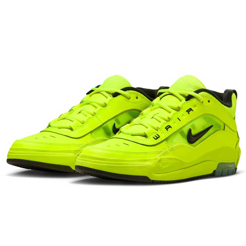 A pair of Volt Black IB6212701 Air MAX Ishod Nike SB Skateboarding Shoes with neon yellow and black accents, featuring the Nike swoosh and AIR on the sides, displayed on a white background. Designed for comfort with Max Air cushioning.