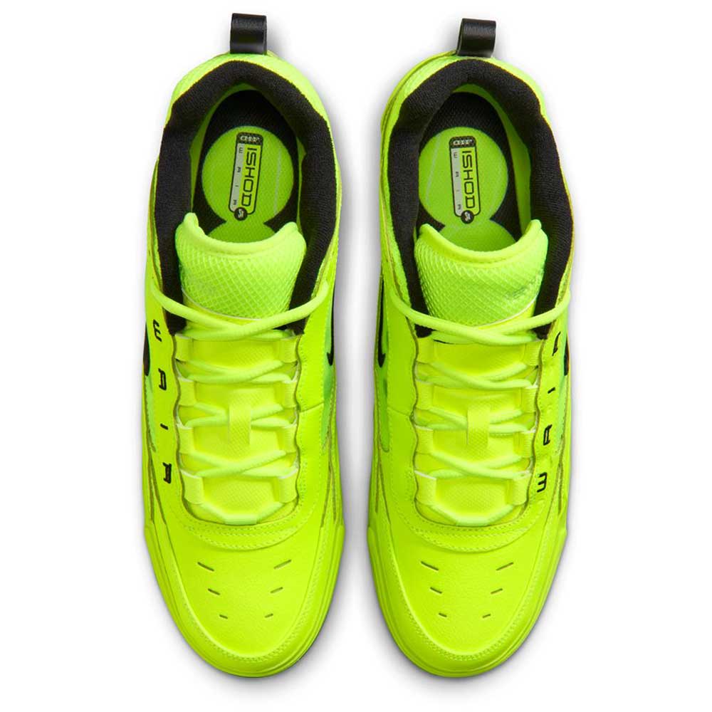 Top view of Volt Black IB6212701 Air MAX Ishod Nike SB skateboarding shoes, featuring bright neon yellow color, black accents and heel tabs, ISHOD branding on the insoles, and signature Max Air cushioning for comfort.