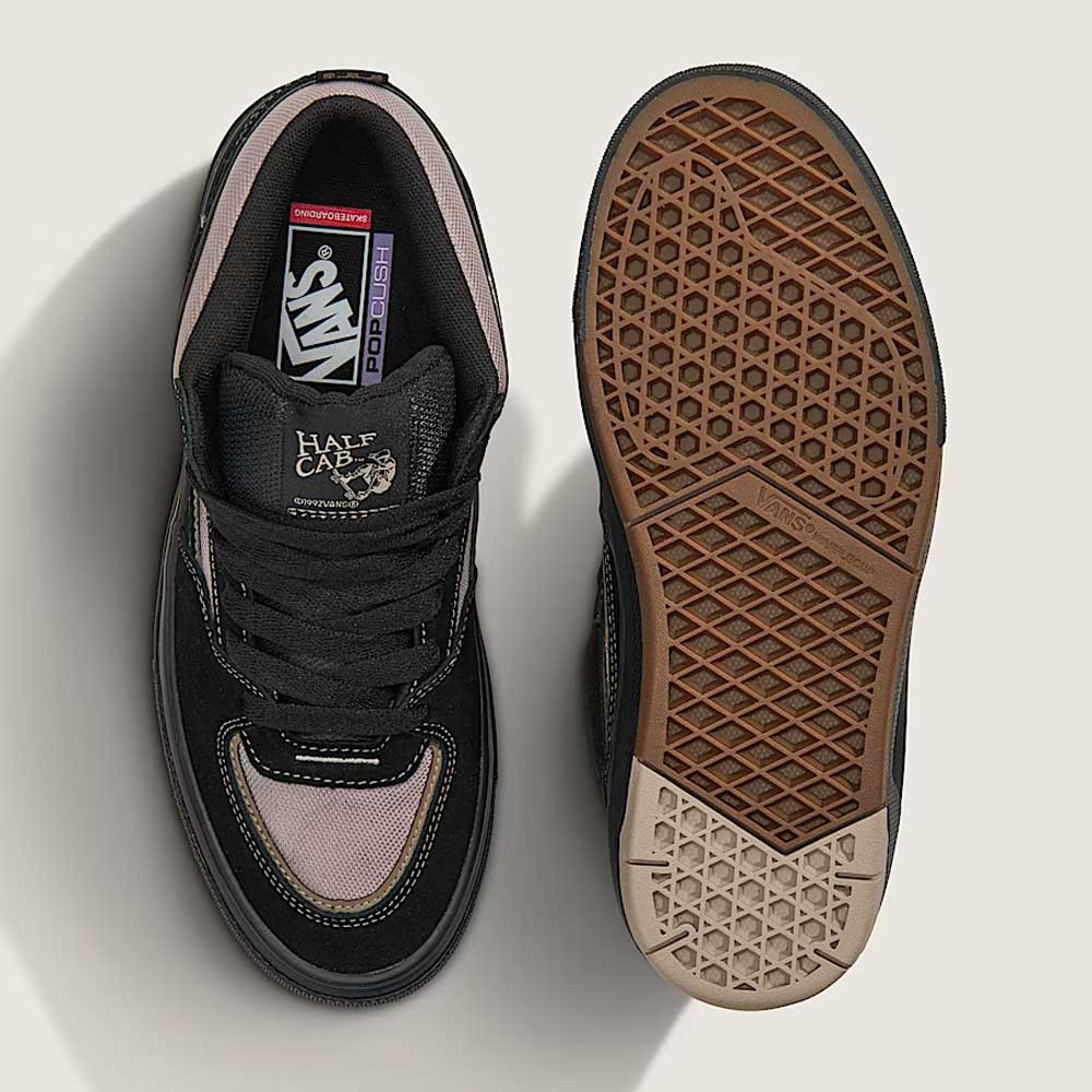 A pair of Vans Wafflecup Half Cab Black Peyote VN000D9ZOUK1 suede skate shoes shown from above and below; the left displays Half Cab and Vans branding, while the right shows the iconic brown WaffleCup outsole.