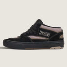 The Vans Wafflecup Half Cab Black Peyote VN000D9ZOUK1 suede skate shoe is shown from the side, featuring black and grey suede, canvas panels, a thick black WaffleCup sole, and HALF CAB branding on the side.