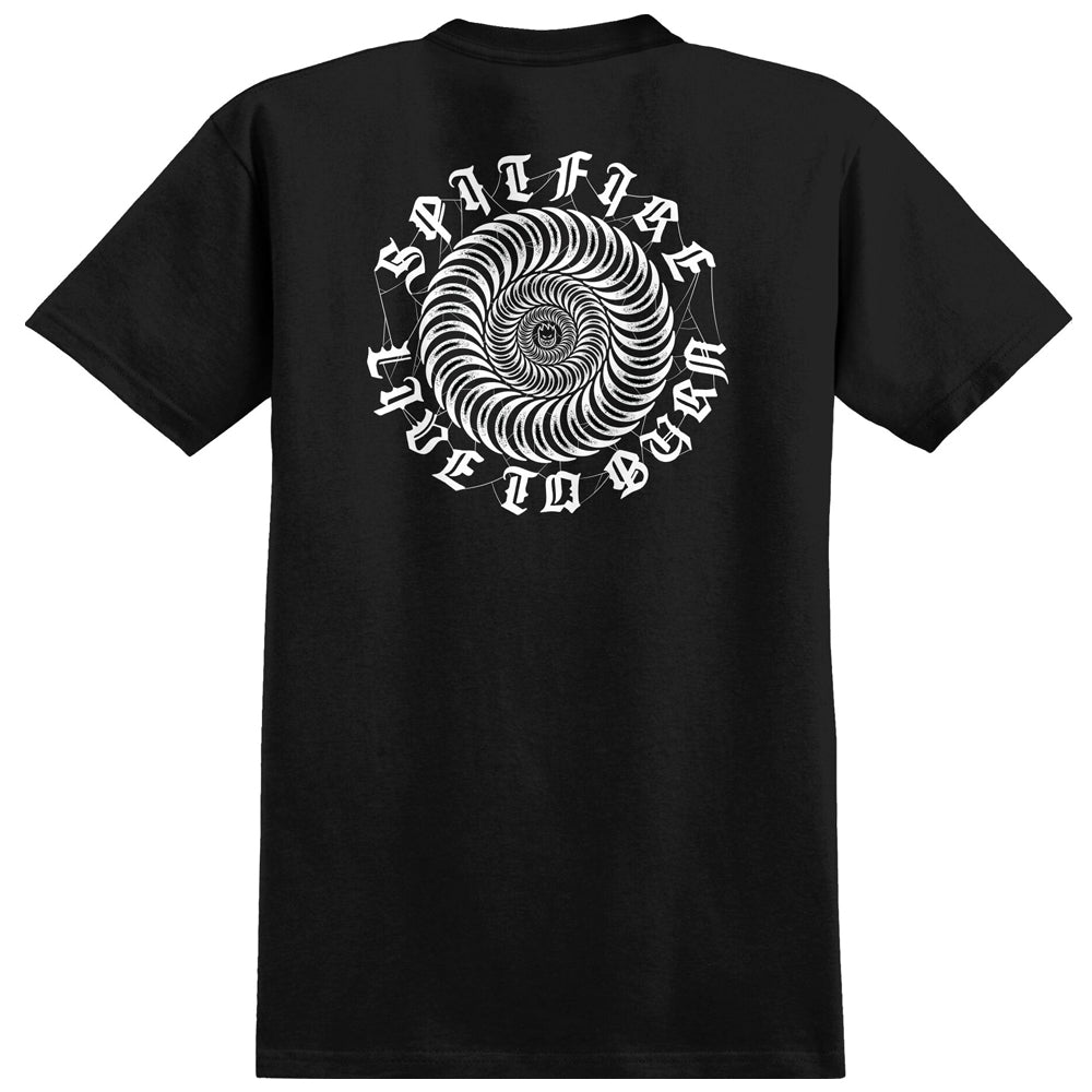 Black Webbed Classic YOUTH Tee Black White Spitfire Wheels T-Shirt featuring a back graphic of a spinning spiral design surrounded by circular text reading Spitfire and Live to Burn.