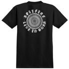 Black Webbed Classic YOUTH Tee Black White Spitfire Wheels T-Shirt featuring a back graphic of a spinning spiral design surrounded by circular text reading Spitfire and Live to Burn.