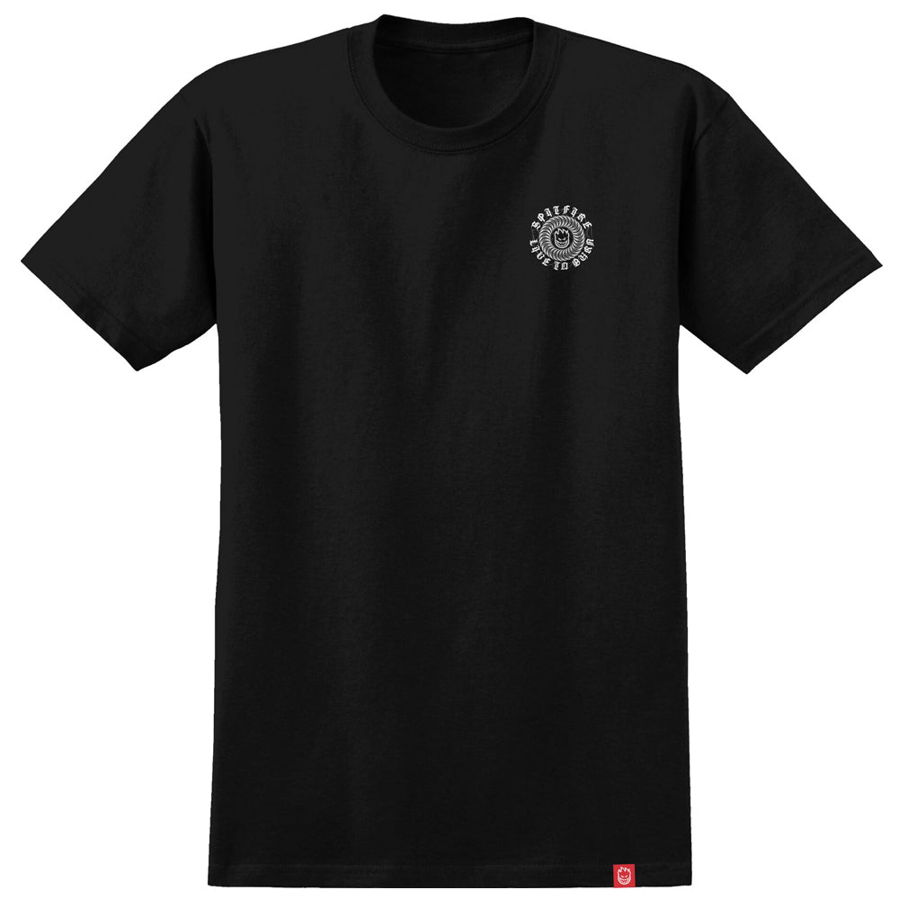 Webbed Classic YOUTH Tee Black White Spitfire Wheels T-Shirt featuring a small circular logo on the left chest and a small red logo tag on the bottom hem.