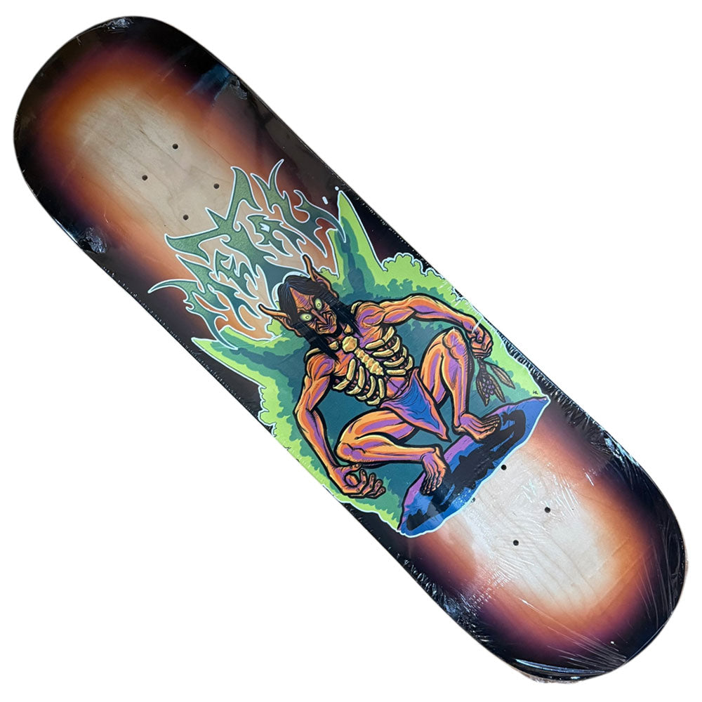 The Wegamus 9.25 Metal Skateboards Deck features colorful art of a muscular, horned demon crouched in green flames with stylized text above, set against a black-to-brown gradient background.