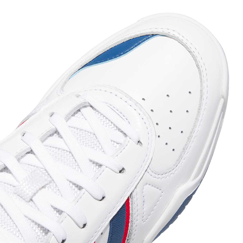Close-up of the White Brown Tekkira HQ4814 Adidas Skateboarding shoes, featuring suede leather, white laces, perforated toe box, and blue and red side accents for style and comfort.