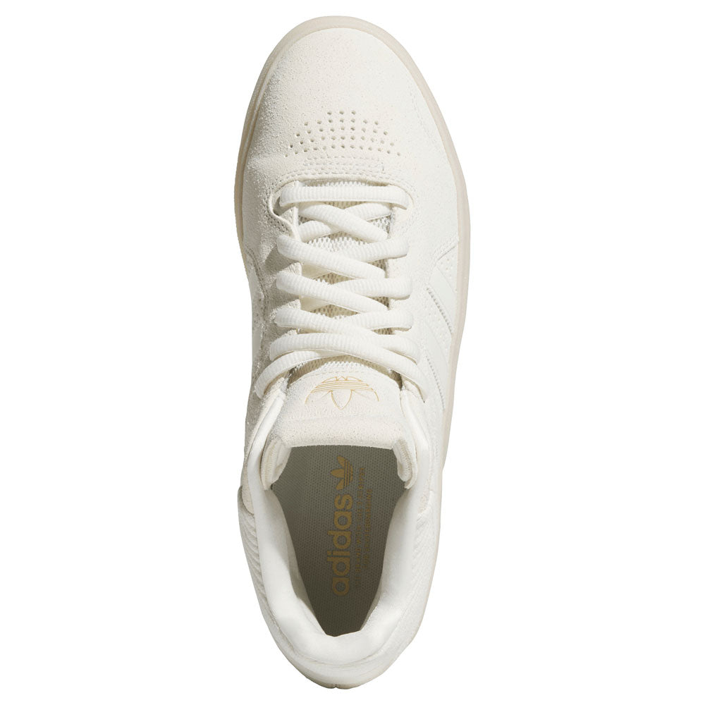 Top view of the White White KJ0192 Tyshawn Adidas Skateboarding Leather Shoe, showcasing laces, a perforated toe area, and gold Adidas branding on the tongue and insole. This premium leather skate shoe blends timeless style with contemporary performance features.