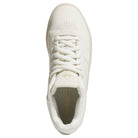 Top view of the White White KJ0192 Tyshawn Adidas Skateboarding Leather Shoe, showcasing laces, a perforated toe area, and gold Adidas branding on the tongue and insole. This premium leather skate shoe blends timeless style with contemporary performance features.