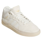 Introducing the White White KJ0192 Tyshawn Adidas Skateboarding Leather Shoes—these sneakers feature an off-white, suede-textured and premium leather upper, three white side stripes, gold “Forum” text detailing, and the classic Adidas logo on the tongue. Inspired by traditional skateboarding shoes, they are finished with a beige sole and crisp white laces.