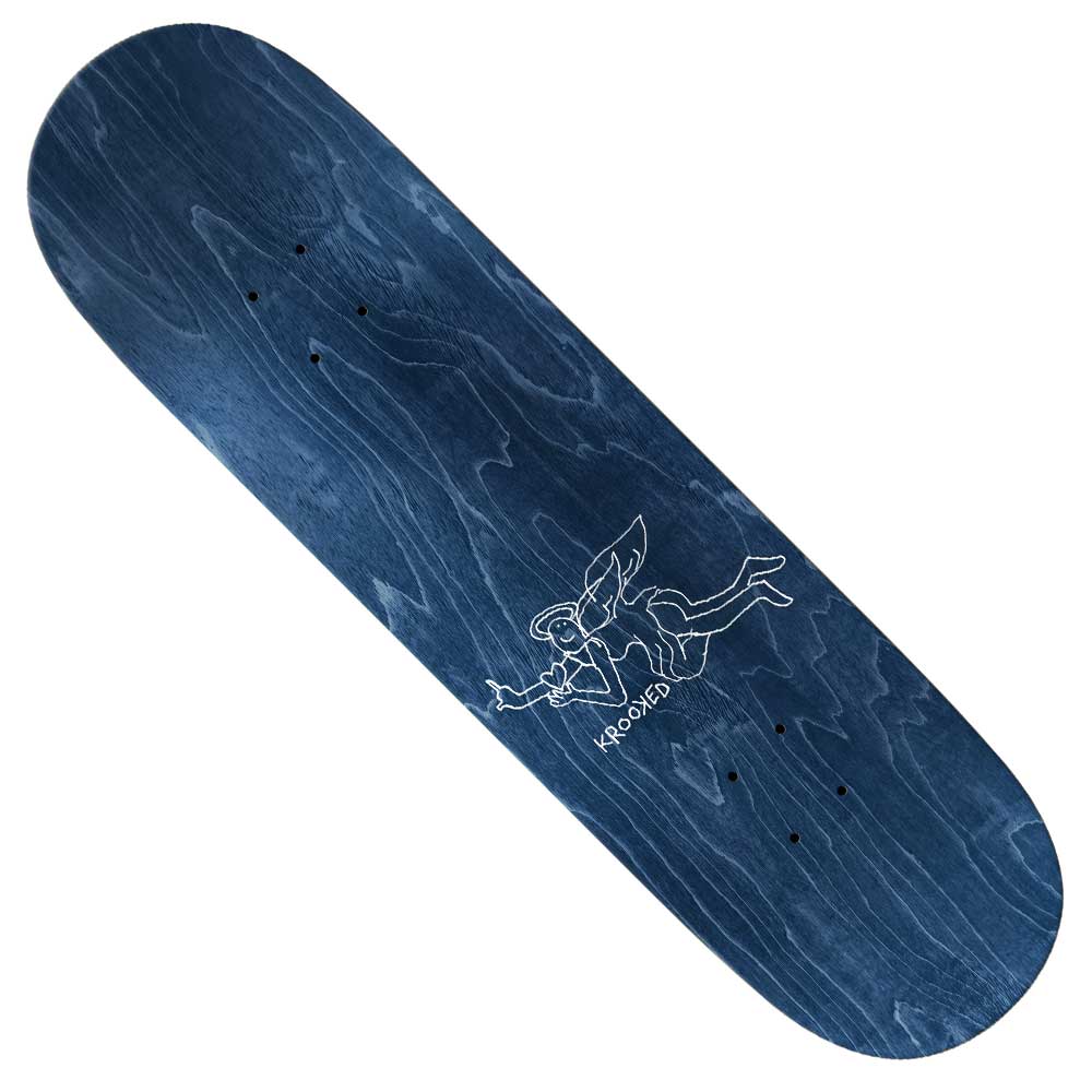 The Wilson Angel 8.25 True Fit Krooked Skateboards Deck is dark blue and features a white outline of the Wilson Angel—a winged figure with a halo, holding a heart, and the word "KROOKED.