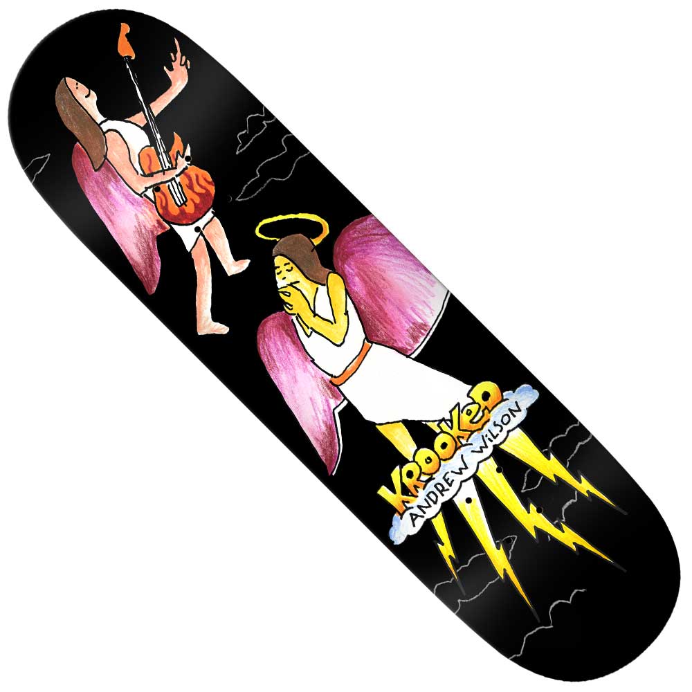 The Wilson Angel 8.25 True Fit Krooked Skateboards Deck features two cartoon angels—one with a guitar, one listening—pink wings, yellow lightning bolts, and “Krooked” plus “Anders Wilson” in the unique Wilson Angel design.