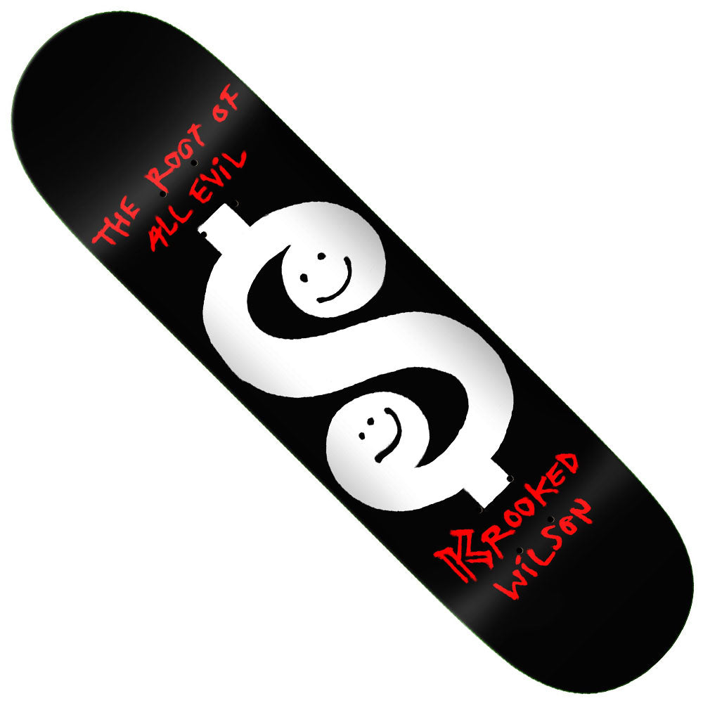 The Wilson Root 8.5x31.85 Krooked Skateboards Deck features a black deck with a prominent white dollar sign adorned by two smiley faces, complemented by graffiti-style red text that says “THE ROOT OF ALL EVIL” and “KROOKED WILSON.” Showcasing the distinctive Wilson Root design, this deck is perfect for making a bold statement at the park or on the streets.